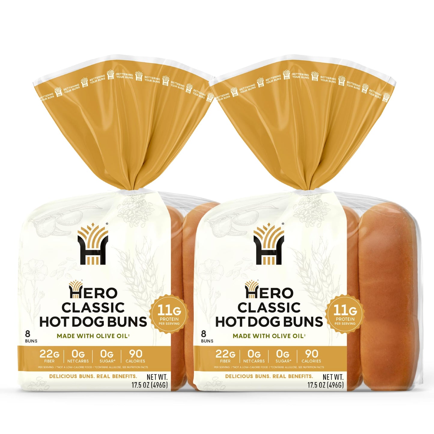 Hero Classic Hot Dog Bun - Delicious Rolls & Net Low Carb Hot Dog Buns | High Fiber, 1g Net Carbs, 0g Sugar & 90 Calories Per Serving | (16 Buns, Pack