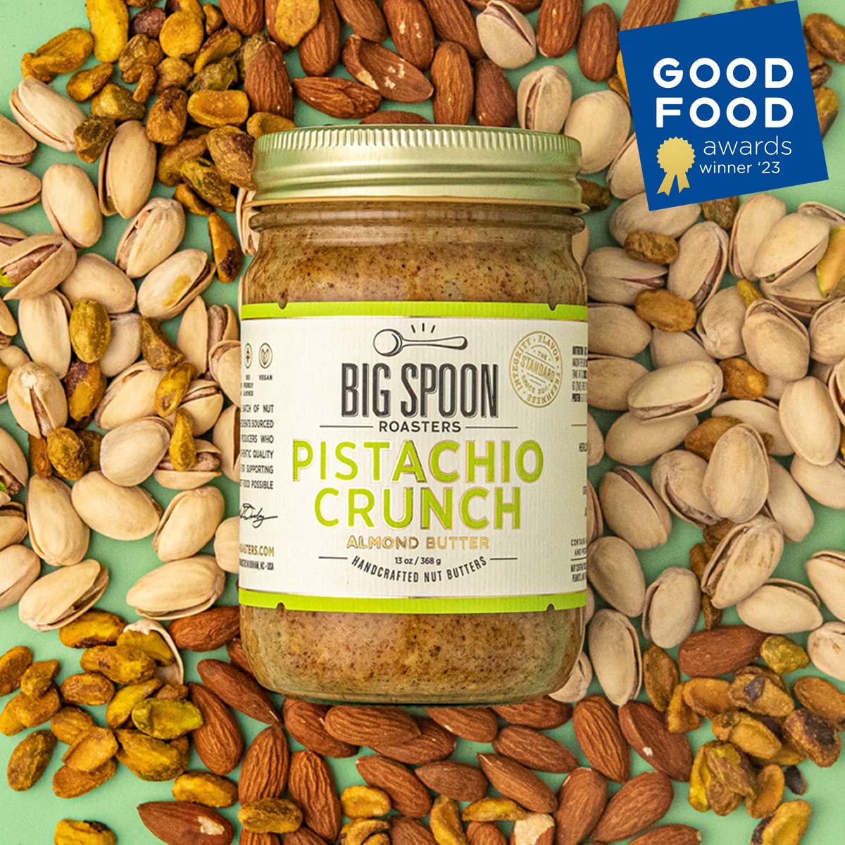 Big Spoon Roasters Almond & Pistachio Butter w/Raw Honey & Sea Salt - Keto Friendly, Low Sugar Almond Butter - Crunchy Pistachio Butter w/Bee-Friendly