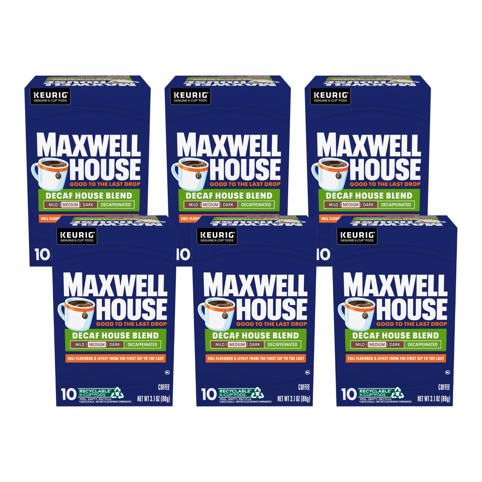 Maxwell House Decaf House Blend Medium Roast K-Cup Coffee Pods, 10 CT (Pack of 6)
