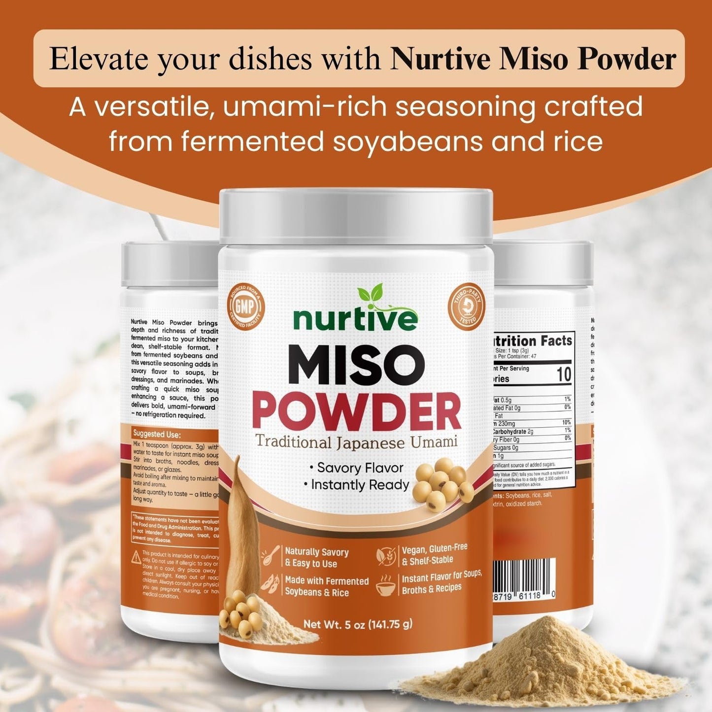 Nurtive Miso Powder - Japanese Umami-Inspired Instant Seasoning for Soup, Broth, Marinades & Sauces - Fermented Soybeans & Rice - No Refrigeration