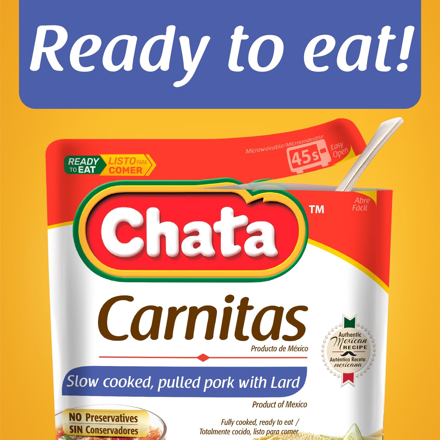 Chata Authentic Mexican Carnitas, Slow Cooked Pork, 8 oz, Pack of 2