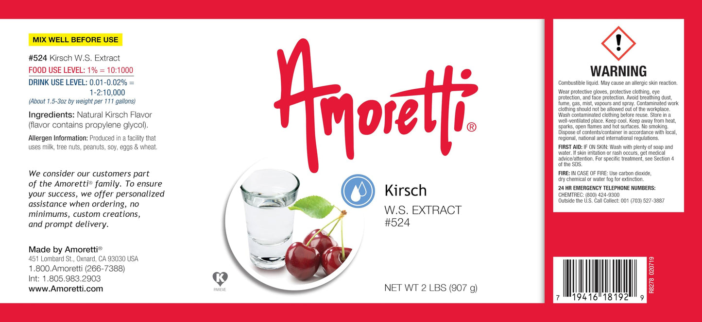 Amoretti - Kirsch Extract Water Soluble 2 oz - Highly Concentrated & Perfect For Pastry, Savory, Brewing, and more, Preservative Free, Vegan, Kosher