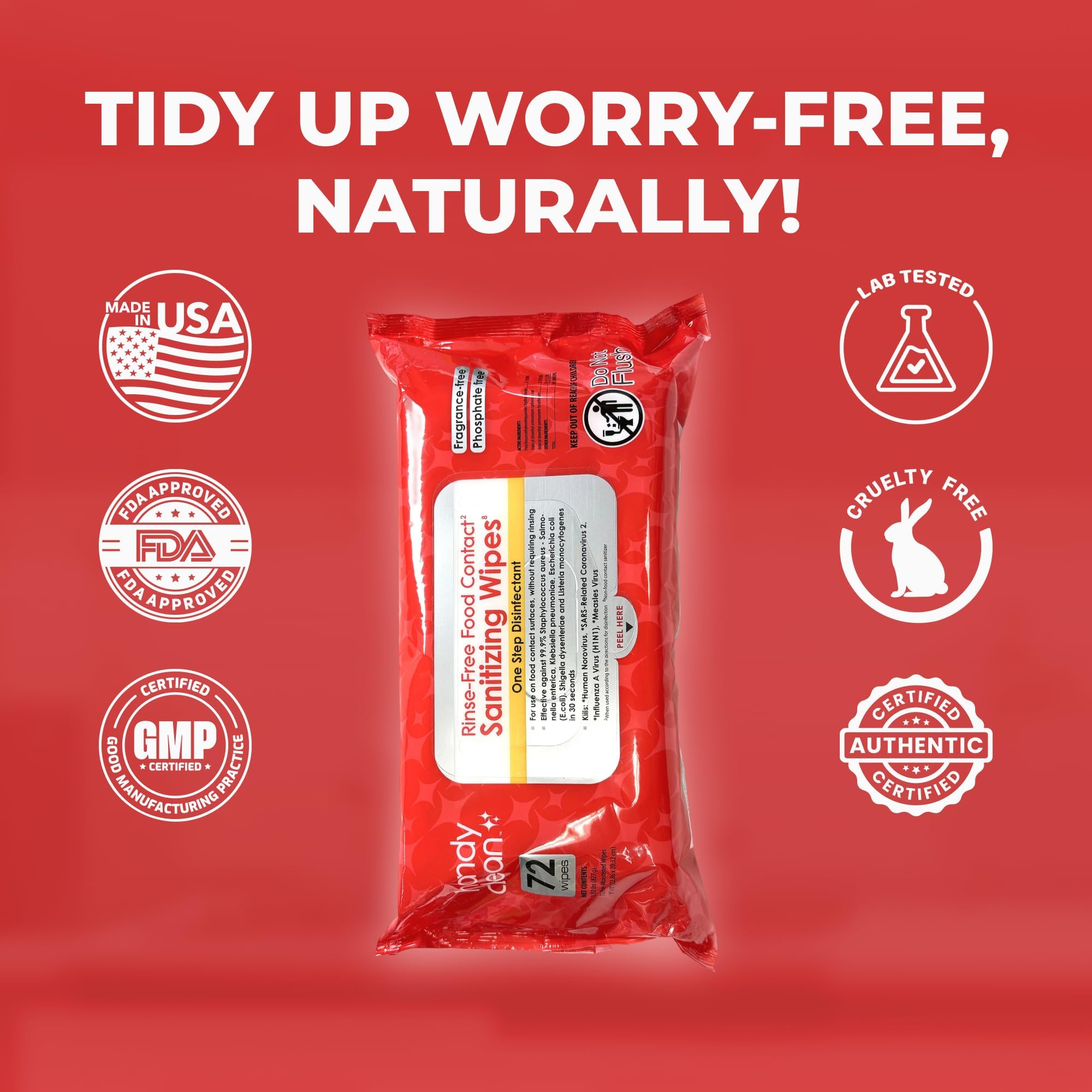 HandyClean Rinse-Free Food Contact Sanitizing Wipes Pouch, Multi Surface Cleaning Supplies for Kitchen and Professional Setting - 1 pack, 71 count