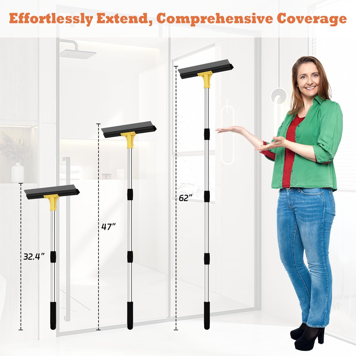 Elapun Large Heavy-Duty Floor Squeegee, 18” Rubber Blade Broom & 62” Long Handle Floor Squeegee for Concrete, Bathroom Tile, Garage Concrete, Deck