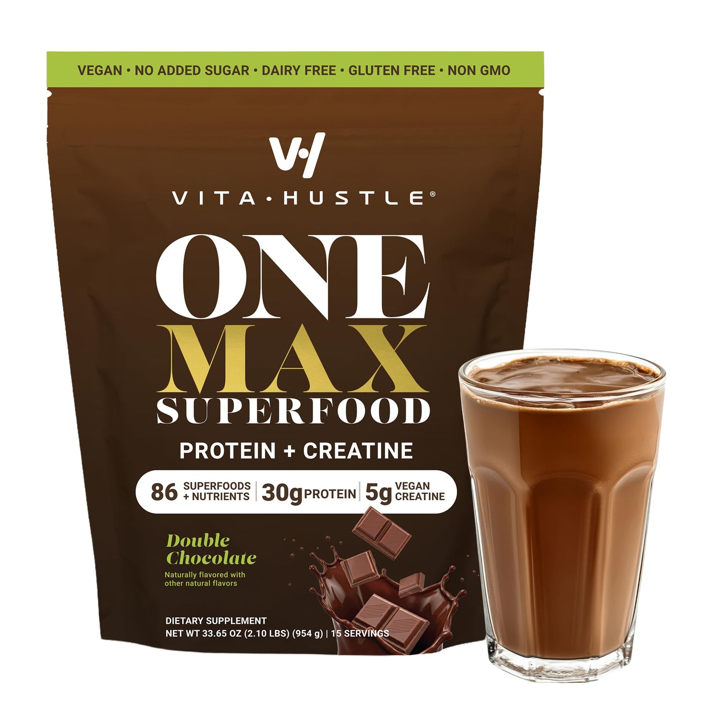 VitaHustle ONE Max 30g Protein + 5g Creatine, 30g Plant Protein Powder, All-in-One Meal Replacement Shake, Greens, Adaptogens, Ashwagandha, Probiotics