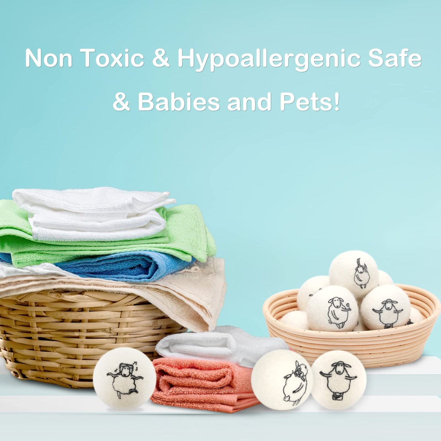 Wool Dryer Balls, 8PCS Dryer Balls with Happy Sheep - Natural & Organic, 100% New Zealand Wool Handmade, Chemical-Free Reusable Laundry Balls