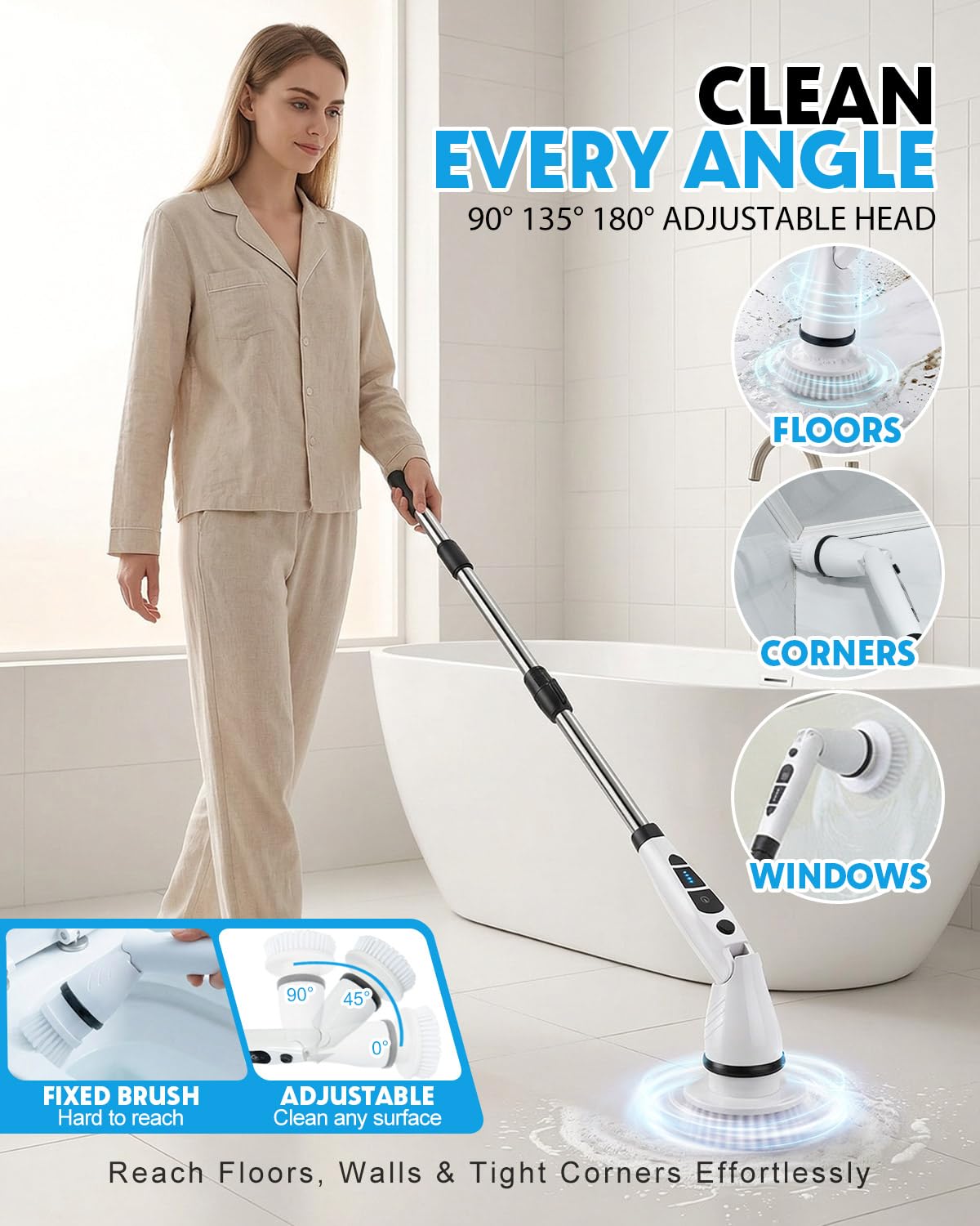 Electric Spin Scrubber, Shower Scrubber with Long Handle, 7 Brush Heads, 2-Speed Cordless Bathroom Cleaning Brush, 54in Extendable Electric Cleaning