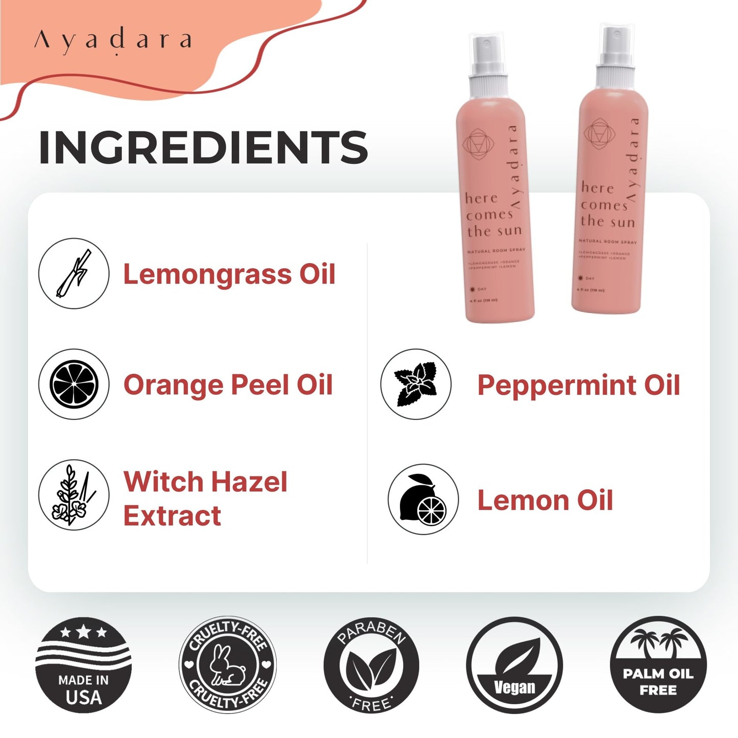 Ayadara Natural Room Spray, 4 oz, Aromatherapy for Room, Fragrance Spray and Home/Linen Deodorizer Mist, All Natural Spray Air Freshener
