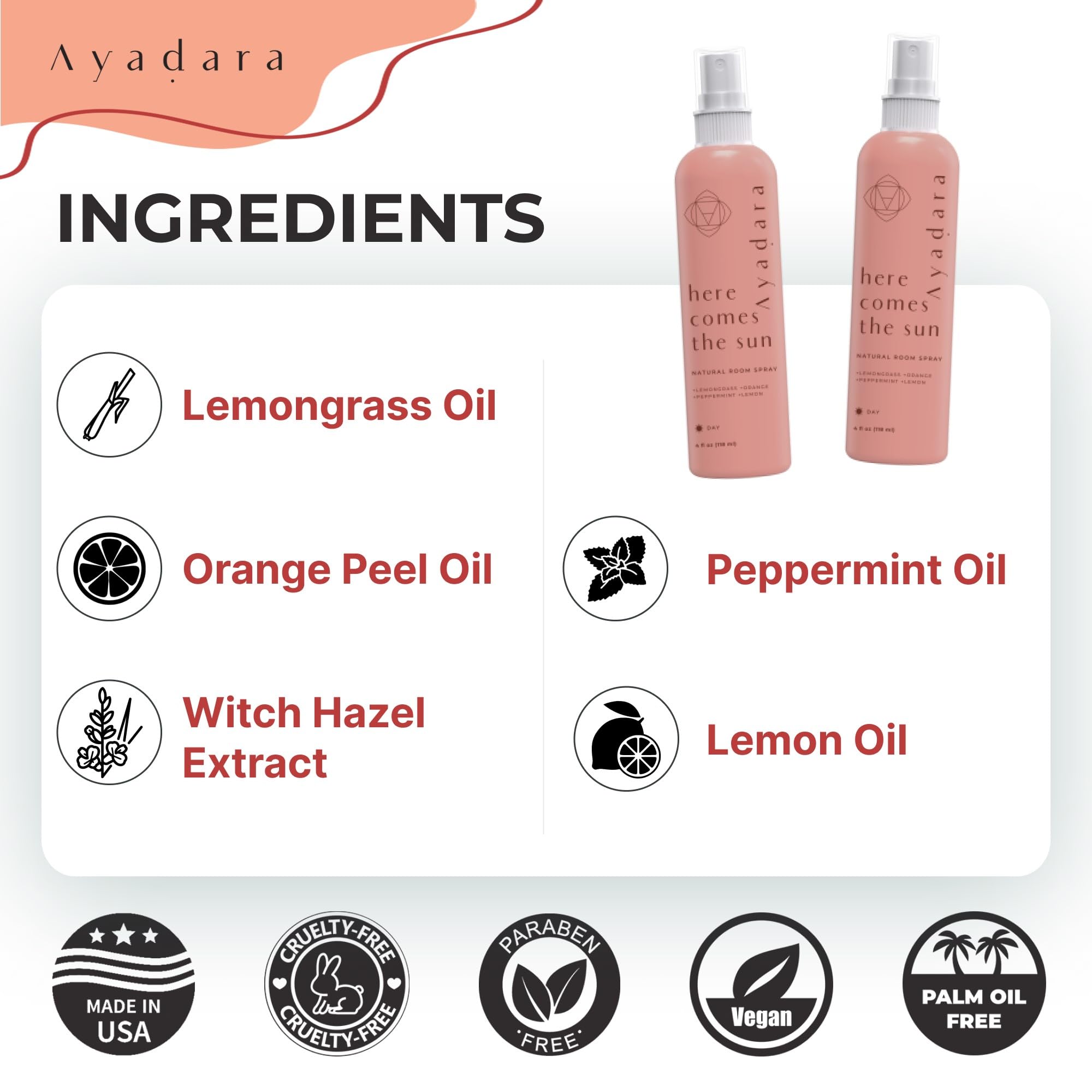 Ayadara Natural Room Spray, 4 oz, Aromatherapy for Room, Fragrance Spray and Home/Linen Deodorizer Mist, All Natural Spray Air Freshener