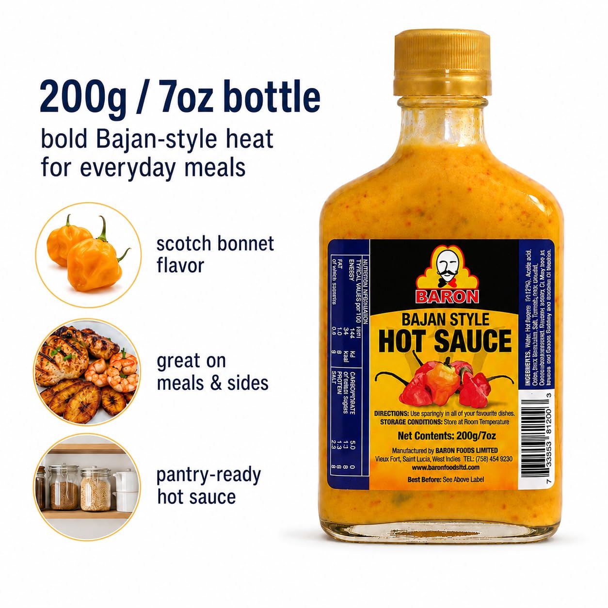 Baron Bajan Style Hot Sauce 7 Ounces (200 grams)