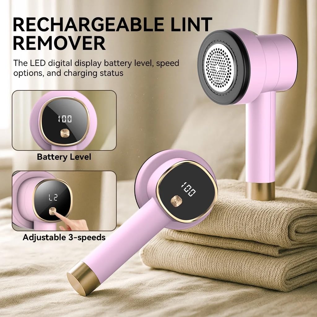 Smyeviva Rechargeable Fabric Shaver for Clothes: 6-Leaf Blades & 3 Speeds to Remove Pilling, Fuzz & Lint Balls - with LED Display, Portable Electric