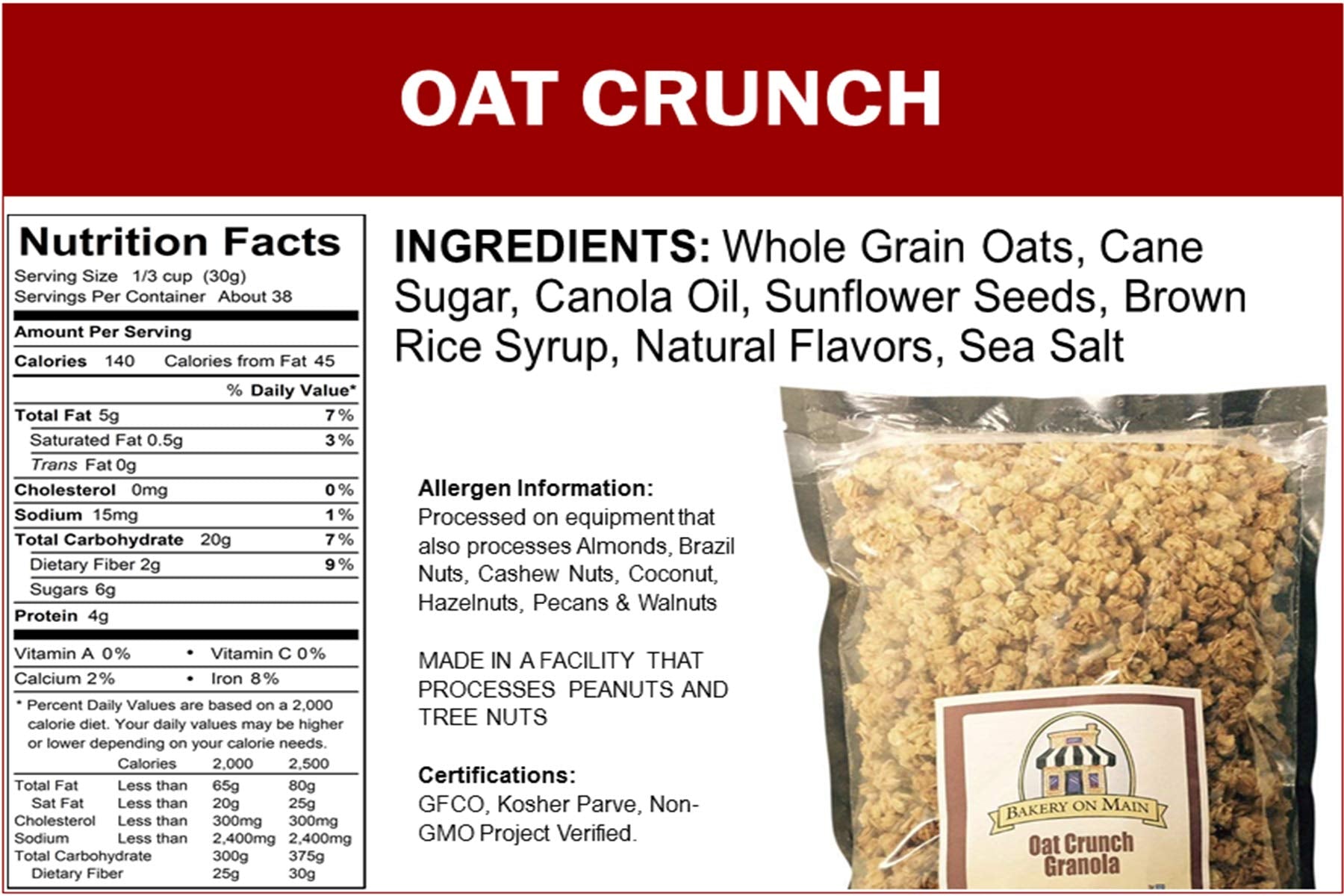Bakery on Main Gluten-Free Non GMO Granola, Oat Crunch, 2.5 Pound