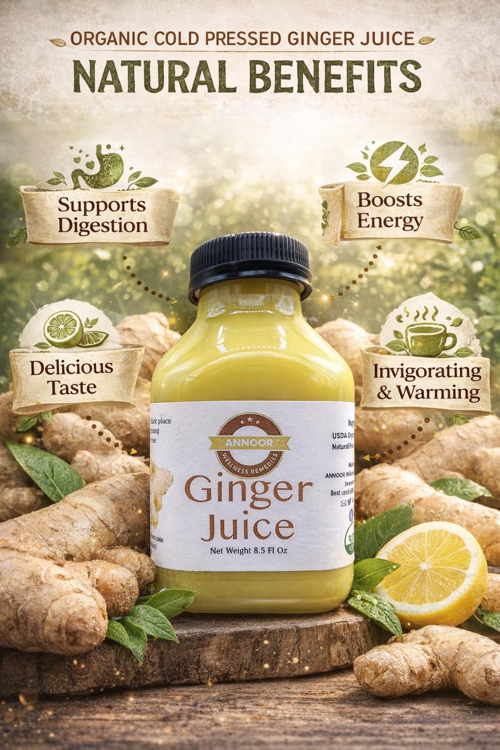 Ginger Juice by Annoor | 8.5 Fl Oz | NFC | Raw, Strong, Concentrate and No pulp. Use for Spicy, Zesty & warming kick, Soothing & refreshing ginger