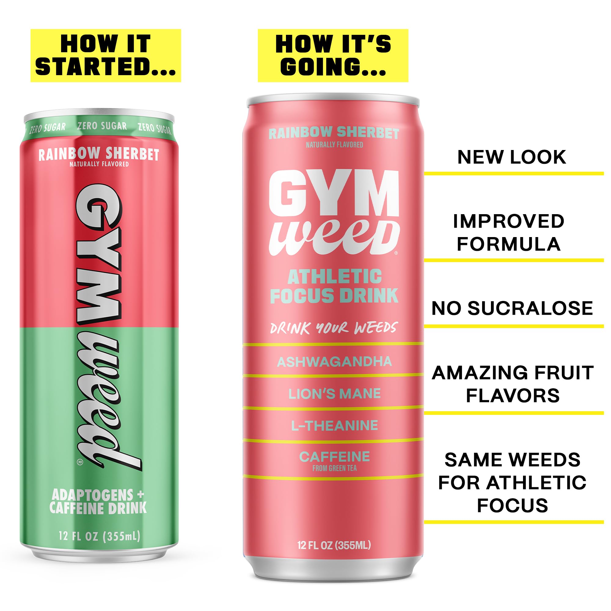 GYM WEED Athletic Focus Drink with KSM-66 Ashwagandha, Lion's Mane Mushroom, L-Theanine, 200mg Green Tea Caffeine with Natural Sweeteners Rainbow