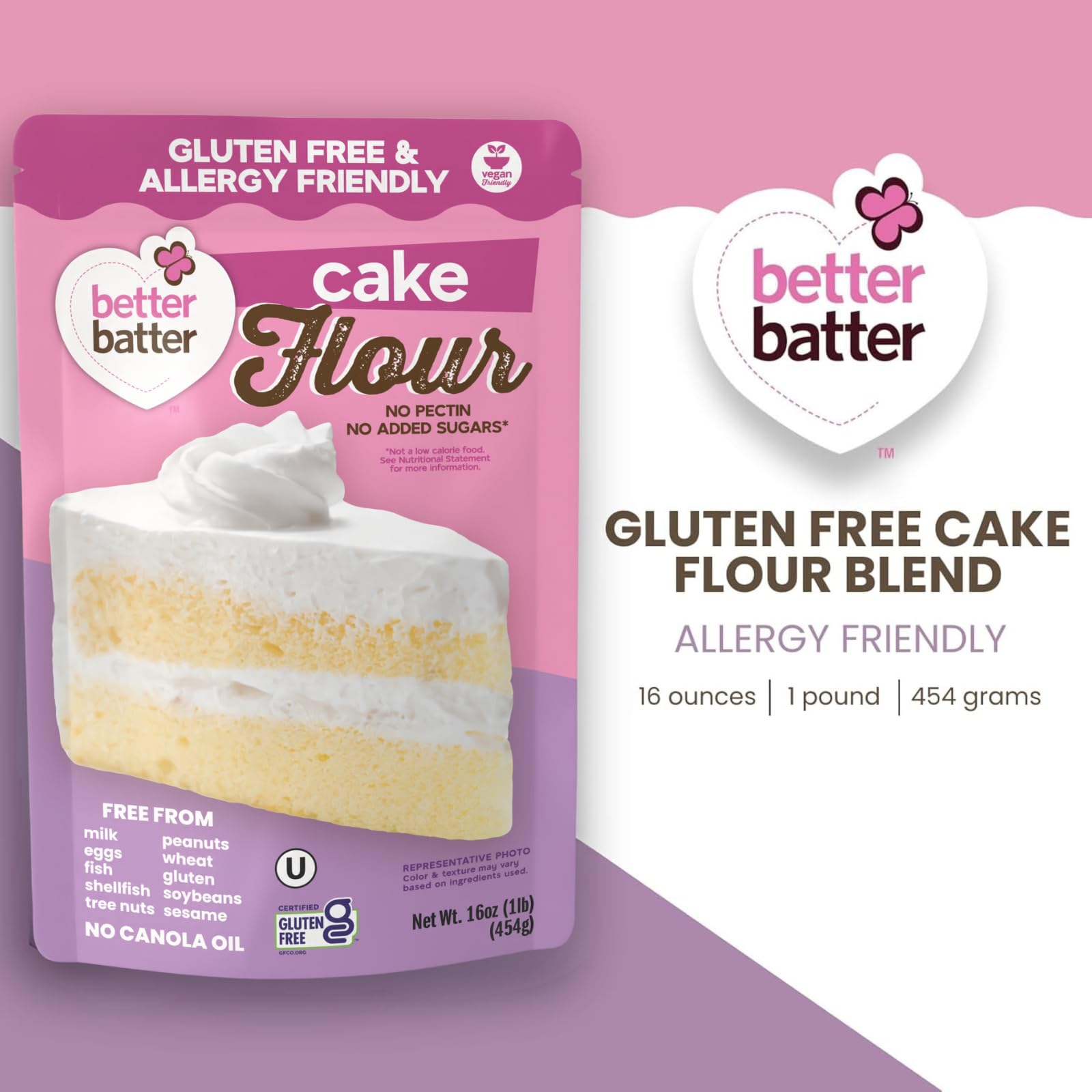Better Batter Gluten-Free Cake Flour 1LB - Certified GF, Top 9 Allergen-Free, Vegan & Kosher Baking Mix - Premium Blend for Cakes, Quick Breads, Pancakes & Waffles - Smooth Texture, Rich Flavor, Safe for All Diets