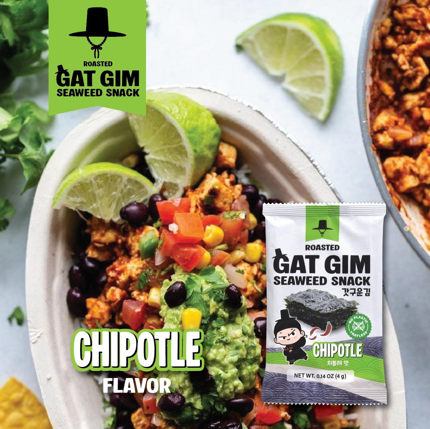 Jayone Roasted Gat Gim Seaweed Snack - Chipotle, Korean Nori Seaweed Snacks, Trayless 20 Pack, Keto Friendly, Plant Based, Low Fat, 20 x 0.14 oz
