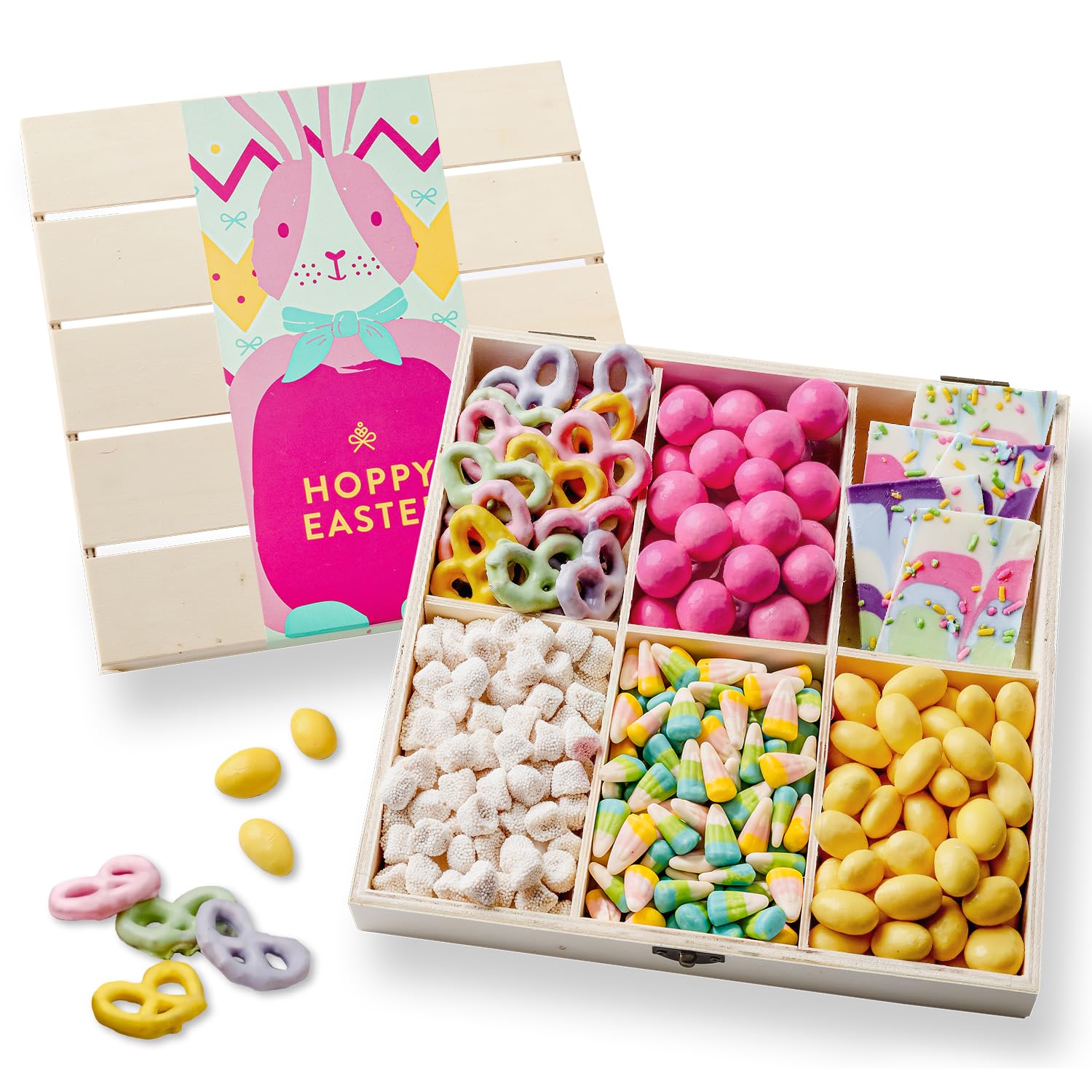Easter Snack Board Gift Tray - Chocolate & Sweet Treat Assortment in Reusable Wooden Box - Spring Dessert Grazing Gift for Families, Brunch & Hosting