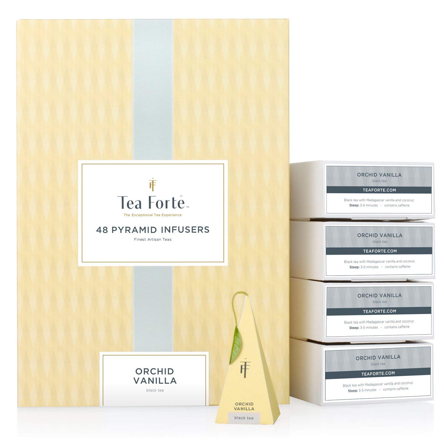 Tea Forte Orchid Vanilla Black Tea Event Box, Bulk Pack of 48 Pyramid Infuser Tea Sachets for All Occasions