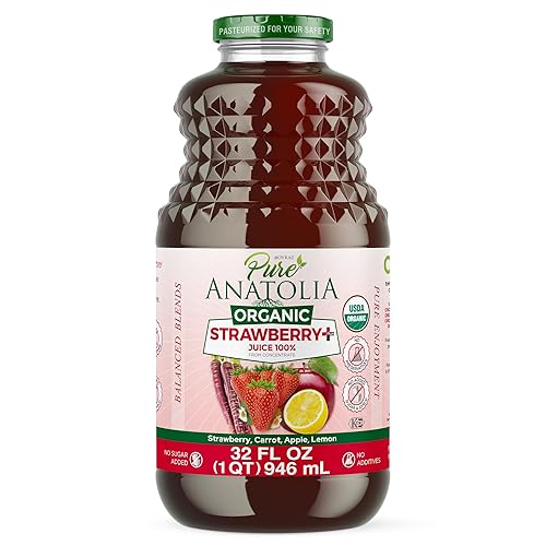 Pure Anatolia Organic Strawberry Juice Detox Blend 32 fl oz - Natural Juice with Apple, Lemon & Carrot - Organic Drink With No Preservatives and Sugar