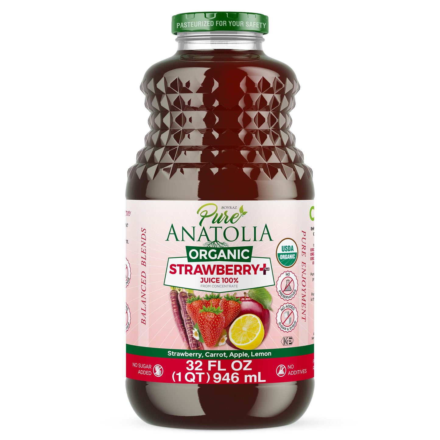 Pure Anatolia Organic Strawberry Juice Detox Blend 32 fl oz - Natural Juice with Apple, Lemon & Carrot - Organic Drink With No Preservatives and Sugar