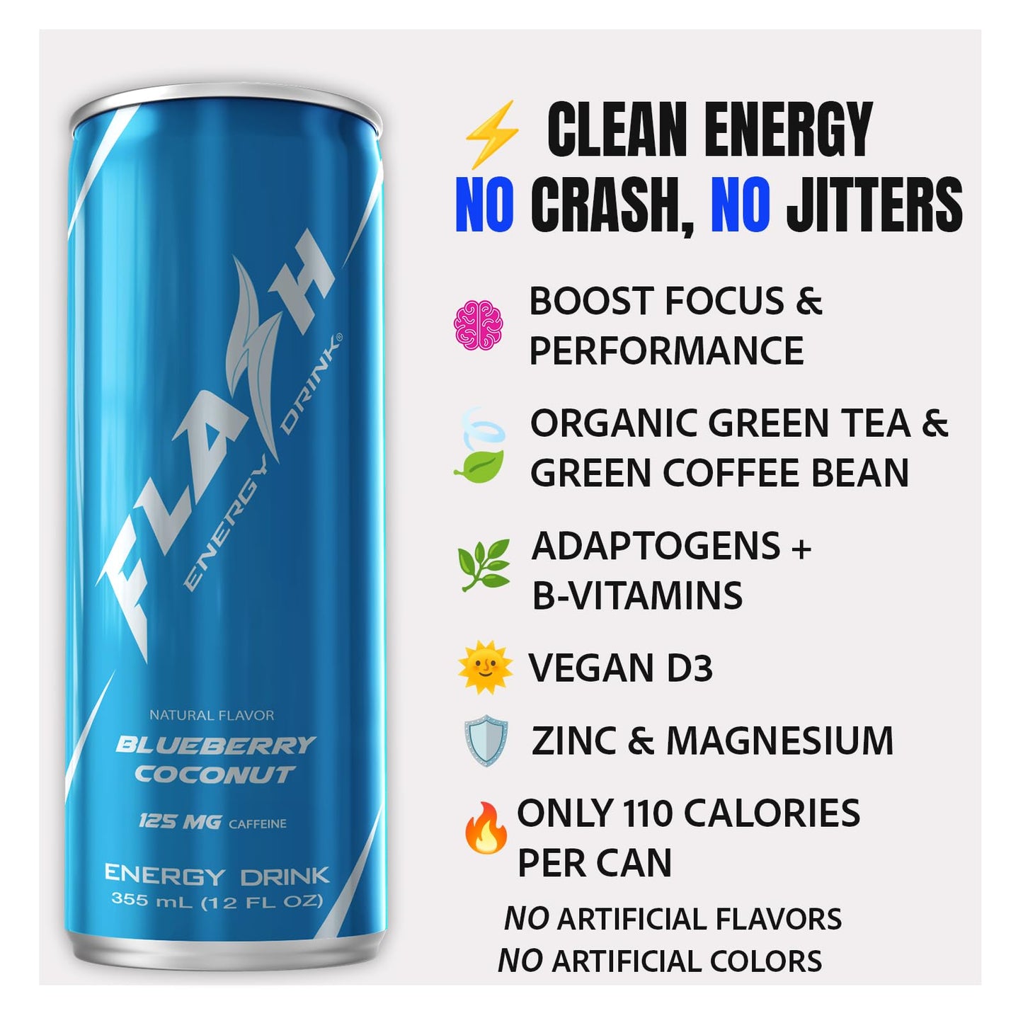 Flash Energy Drink | Elevate your Energy, Focus, and Performance | Natural | Non-GMO, Vegan, Gluten-Free Ingredients, Organic Green Tea, and Green