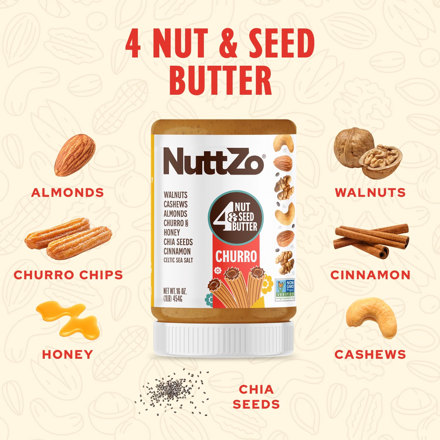 NuttZo Churro Nut & Seed Butter Spread, Mixed Nut Butter with Cashews Almonds Walnuts and Chia Seeds, Cinnamon Honey & Churro Chips, Gluten-Free