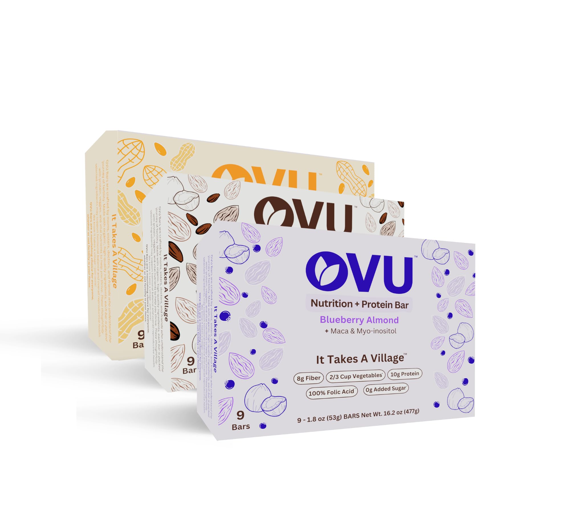 OVU Bar - Fertility, Pregnancy & Postpartum Nutrition Support for Women, Myo-Inositol, Folic Acid, Maca, High Protein, High Fiber, Blueberry Almond, 9