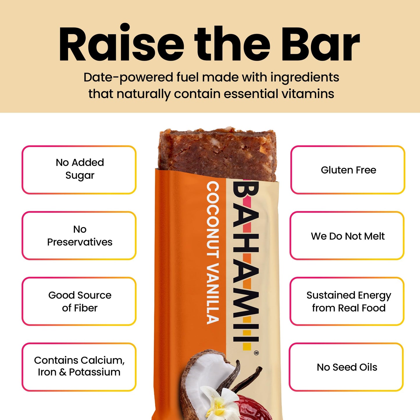 Bahamii Coconut Vanilla Date and Energy Bars, Healthy Snacks and Breakfast Bars for Kids and Adults, No Sugar Added, Gluten Free, High Fiber, Vegan