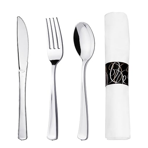 Party Essentials Party Supplies Wrapped Silverware Set Disposable, Pre Rolled Napkin and Cutlery, Spoons/Forks/Knives Silver, 25 Units