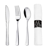 Party Essentials Party Supplies Wrapped Silverware Set Disposable, Pre Rolled Napkin and Cutlery, Spoons/Forks/Knives Silver, 25 Units