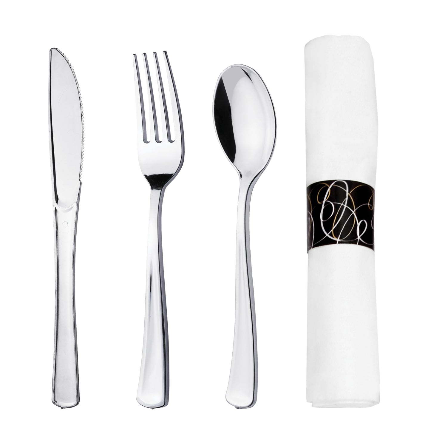 Party Essentials Party Supplies Wrapped Silverware Set Disposable, Pre Rolled Napkin and Cutlery, Spoons/Forks/Knives Silver, 25 Units
