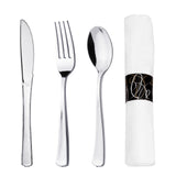 Party Essentials Party Supplies Wrapped Silverware Set Disposable, Pre Rolled Napkin and Cutlery, Spoons/Forks/Knives Silver, 50 Units
