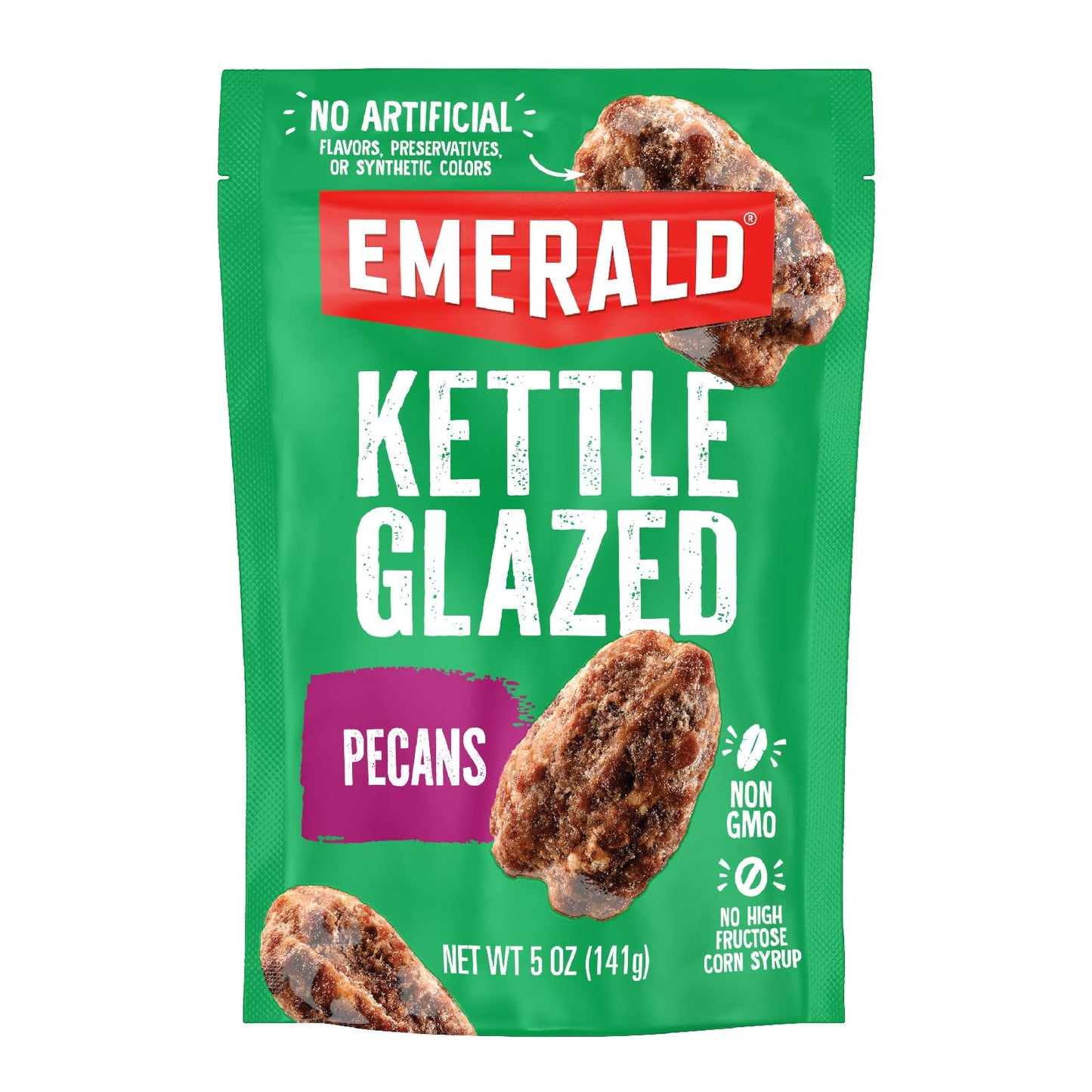 Emerald Nuts Kettle Glazed Pecans (1-Pack), 5oz Resealable Bag, Kosher Dairy Certified, Non-GMO, Contains No Artificial Preservatives, Flavors or