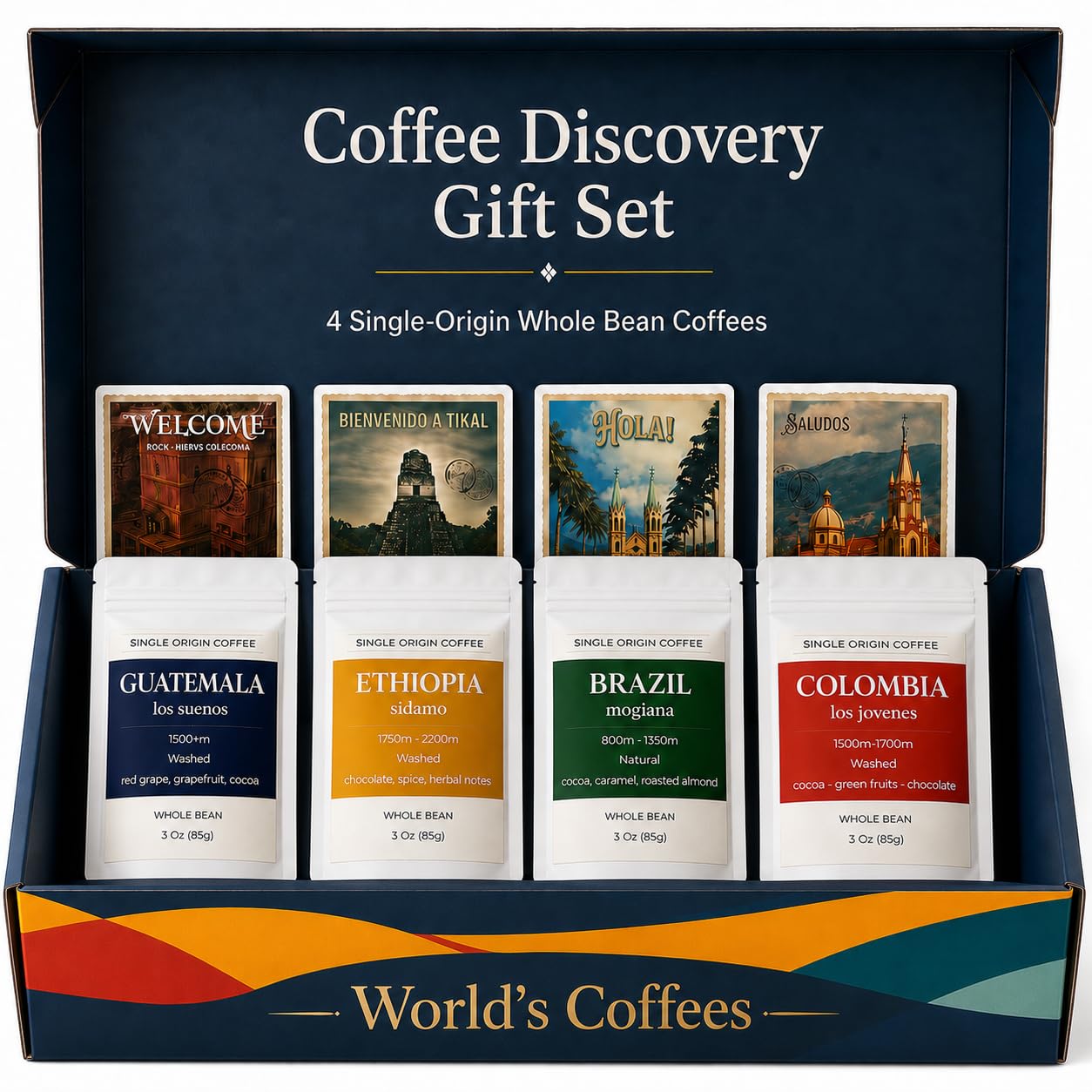 UNIQBITE Single Origin Coffee Gift Set, Whole Bean Arabica Coffee Sampler, Small Batch Roasted Artisan Coffee from Colombia, Ethiopia, Brazil