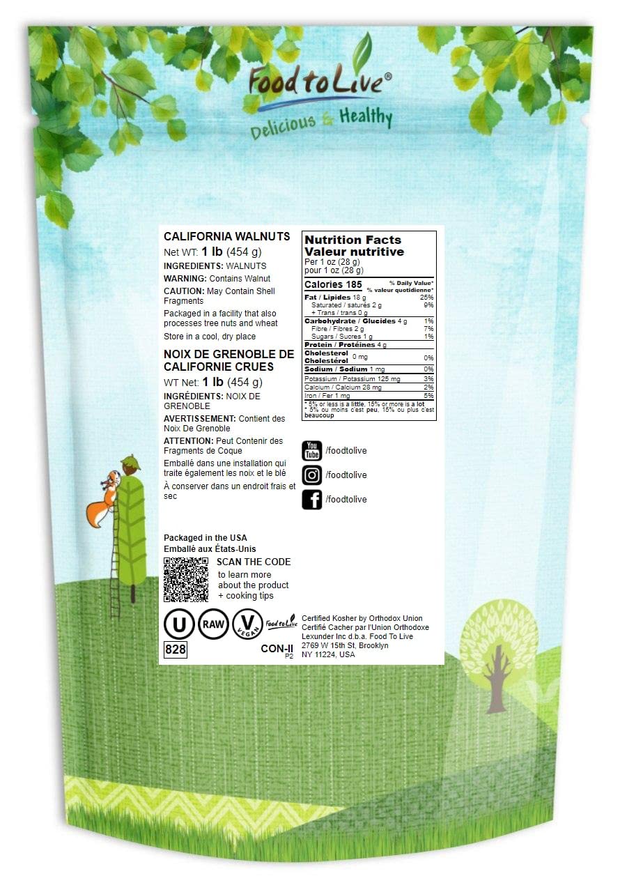 Food to Live - California Walnuts Halves & Pieces, 1 Pound Raw, Unsalted, Shelled, Vegan, Kosher, Sirtfood, Bulk. Rich in Omega-3 Fatty Acids