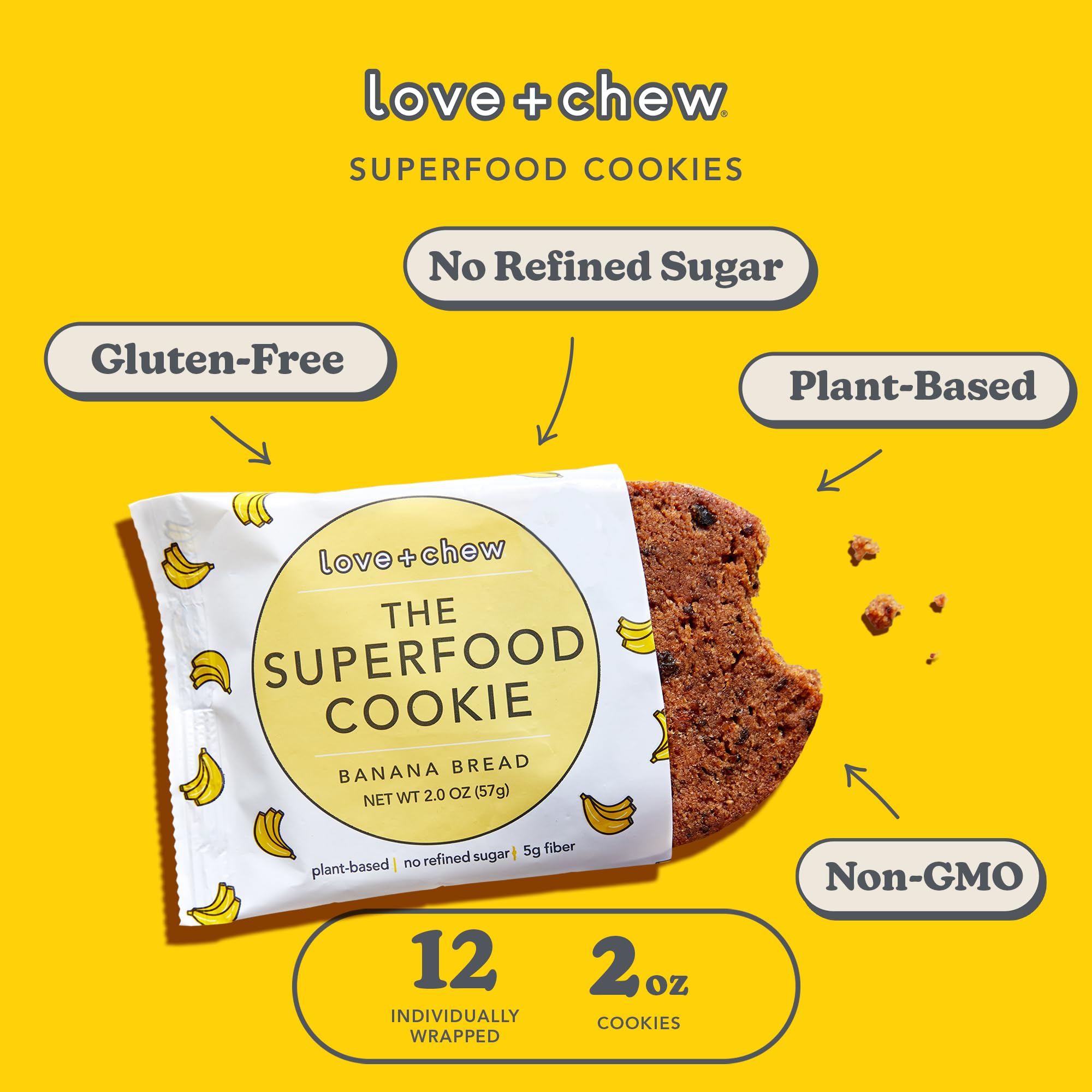 Love + Chew Superfood Soft Baked Vegan Cookies, Gluten Free, 7g Plant Based Protein Cookie, Healthy Snacks for Adults and Kids, Refined Sugar Free