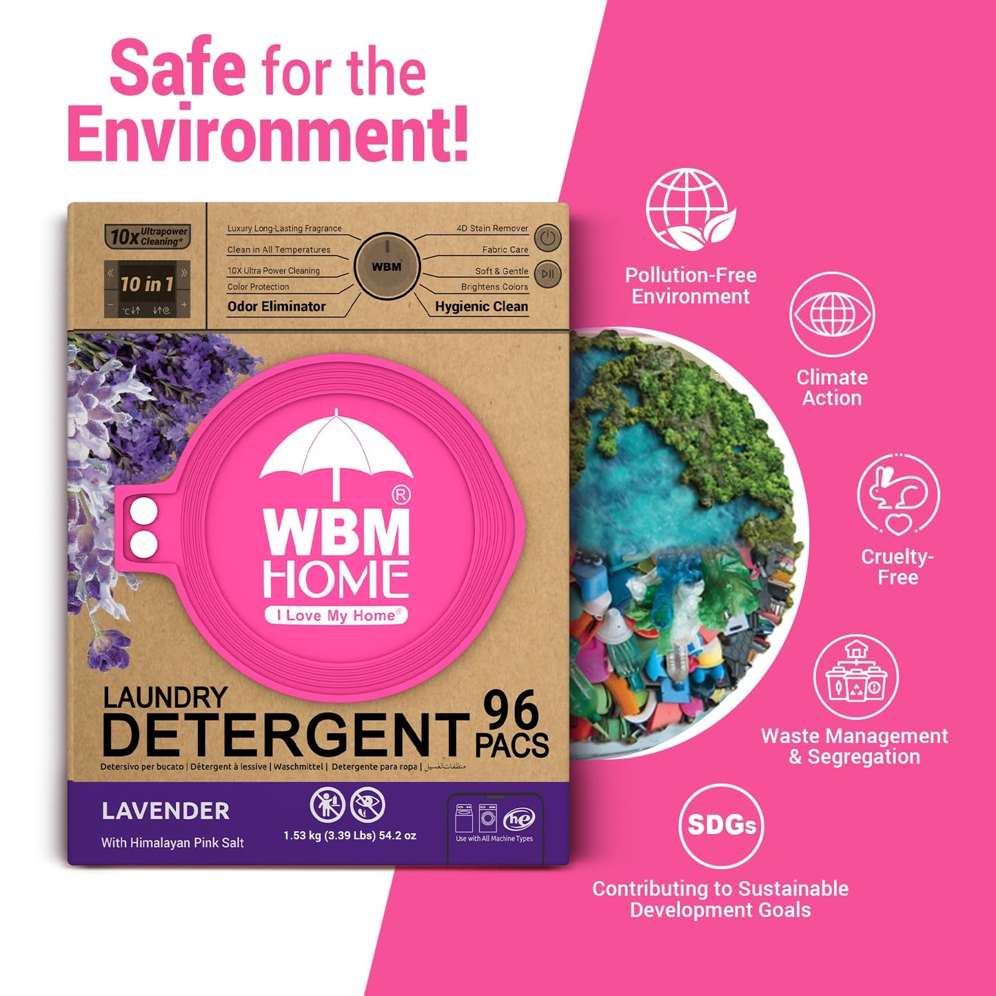 WBM 10-in-1 Laundry Pods with Softener & Scent Booster, 96 Count, High Efficiency (HE), Fabric Softener, Lavender Extracts, Stain Lifter