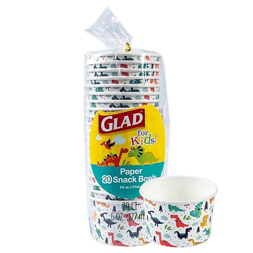 Glad for Kids Mini Dinosaurs Paper Snack Bowls, Colorful Heavy Duty Microwave Safe Disposable Bowls for Soup, Ice Cream, and Snacks, Lids Not