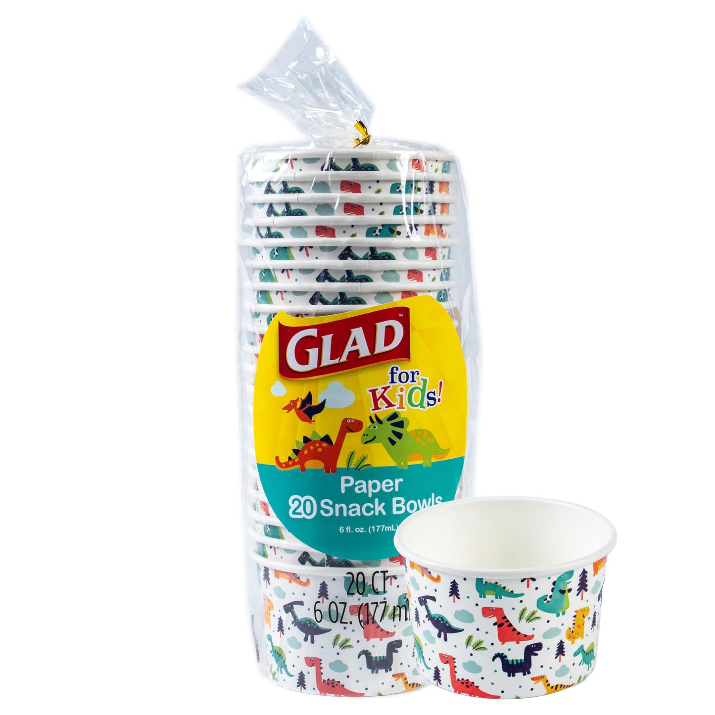 Glad for Kids Mini Dinosaurs Paper Snack Bowls, Colorful Heavy Duty Microwave Safe Disposable Bowls for Soup, Ice Cream, and Snacks, Lids Not
