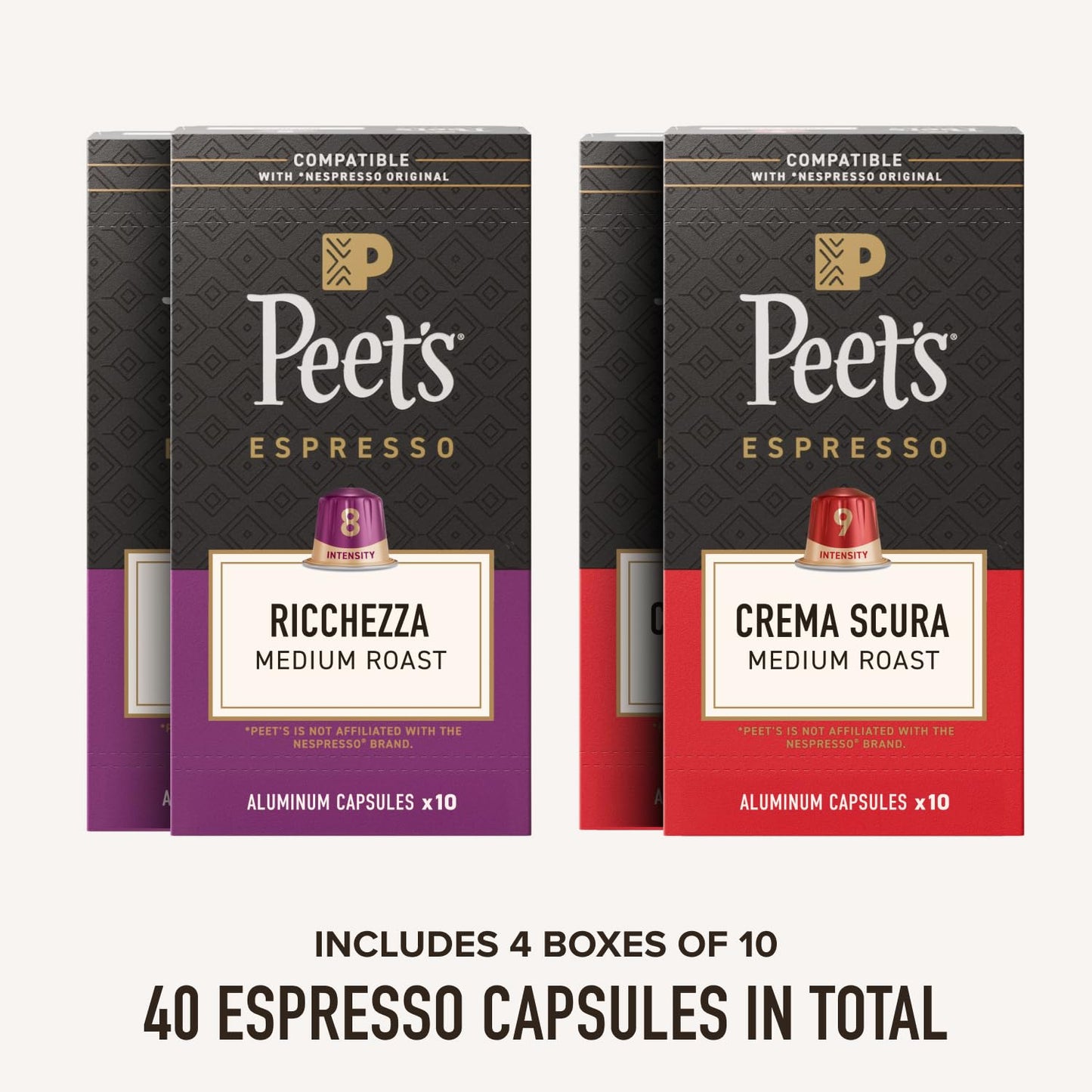 Peet's Coffee, Medium Roast Espresso Capsules Variety Pack, Compatible with Nespresso Original Machine, 100% Arabica Coffee - Intensity 8-9, 40 Count