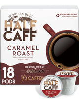 World's Best Half Caff Caramel Coffee Pods, 18 ct, Medium Roast Flavored Coffee in Single Serve Pods - 100% Arabica Beans, Compatible with Keurig K