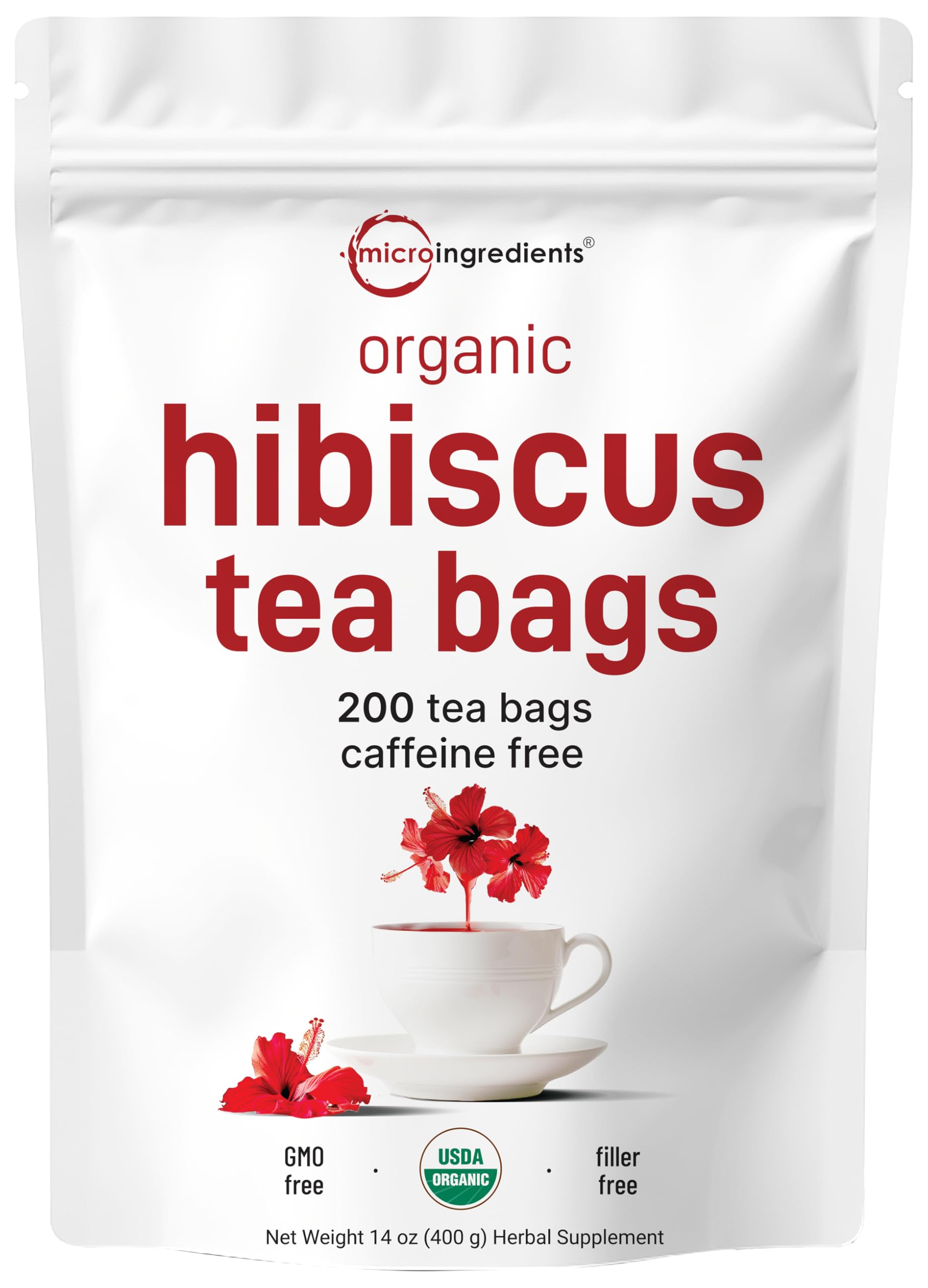 Organic Hibiscus Tea Bags, 200 Count | Premium Source from Hibiscus Flowers | Caffeine Free Herbal Tea | Eco-Friendly Hemp Paper Tea Bags | Non-GMO