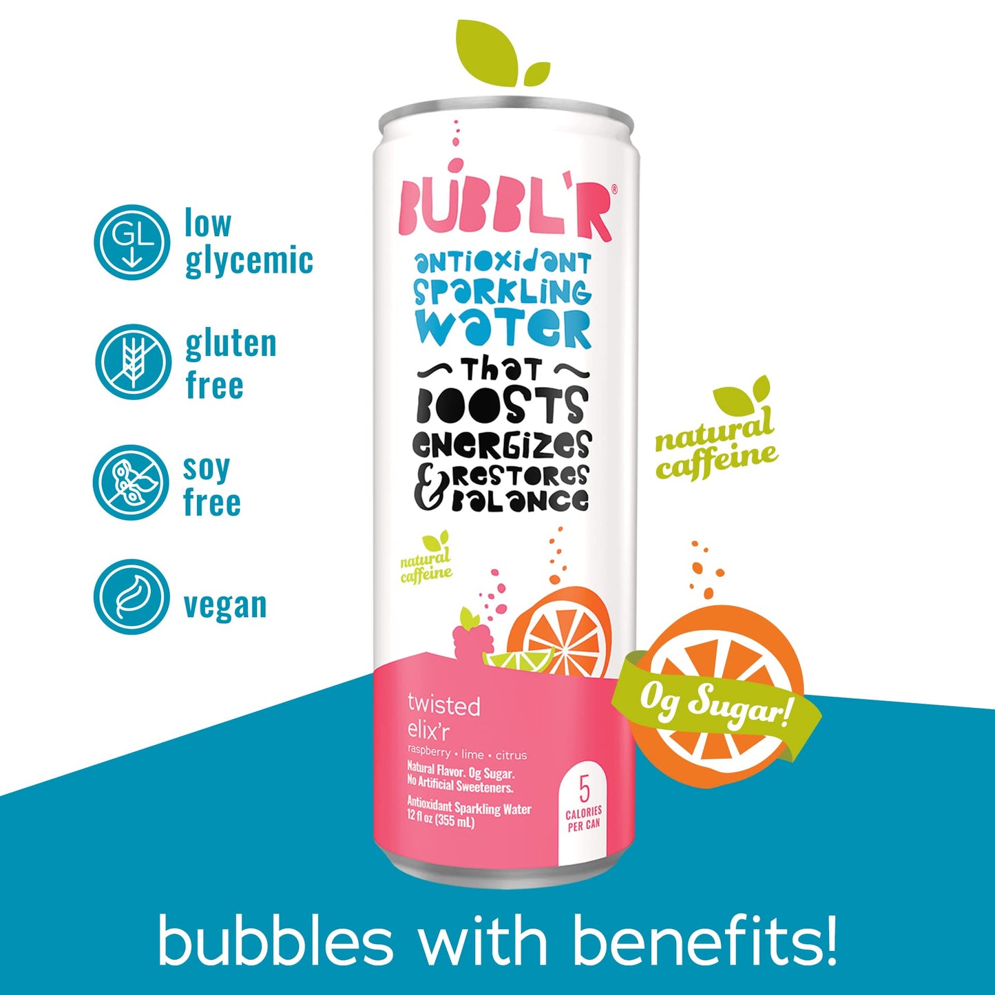 BUBBL'R twisted elix'r, Antioxidant Sparkling Water with Natural Caffeine, 0g Sugar, Gluten Free, All Natural Flavors, 12 Fl Oz Cans, 12 Count