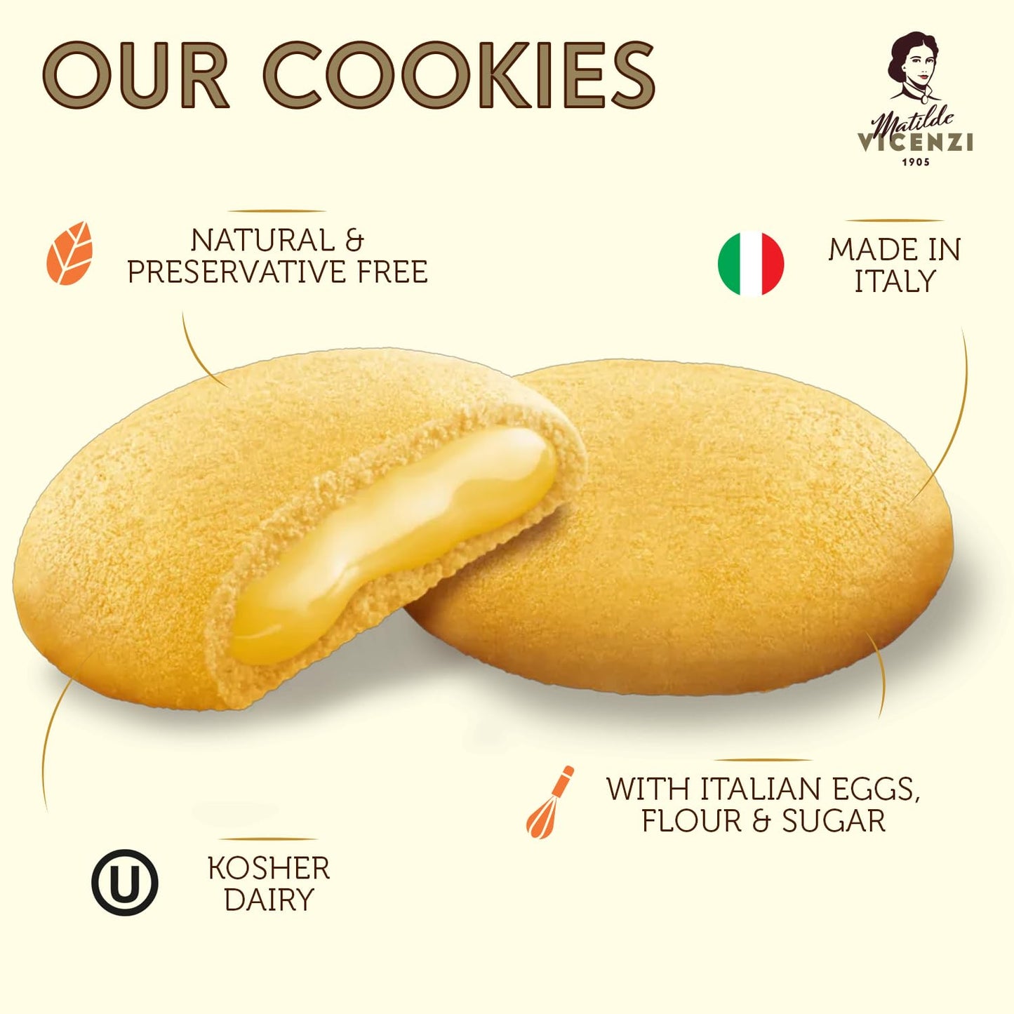 Grisbi Lemon Shortbread by Pasticceria Matilde Vicenzi, Sweet Lemon Cream Filled Patisserie Pastry Cookie, All-Natural, Kosher Dairy, Made in Italy
