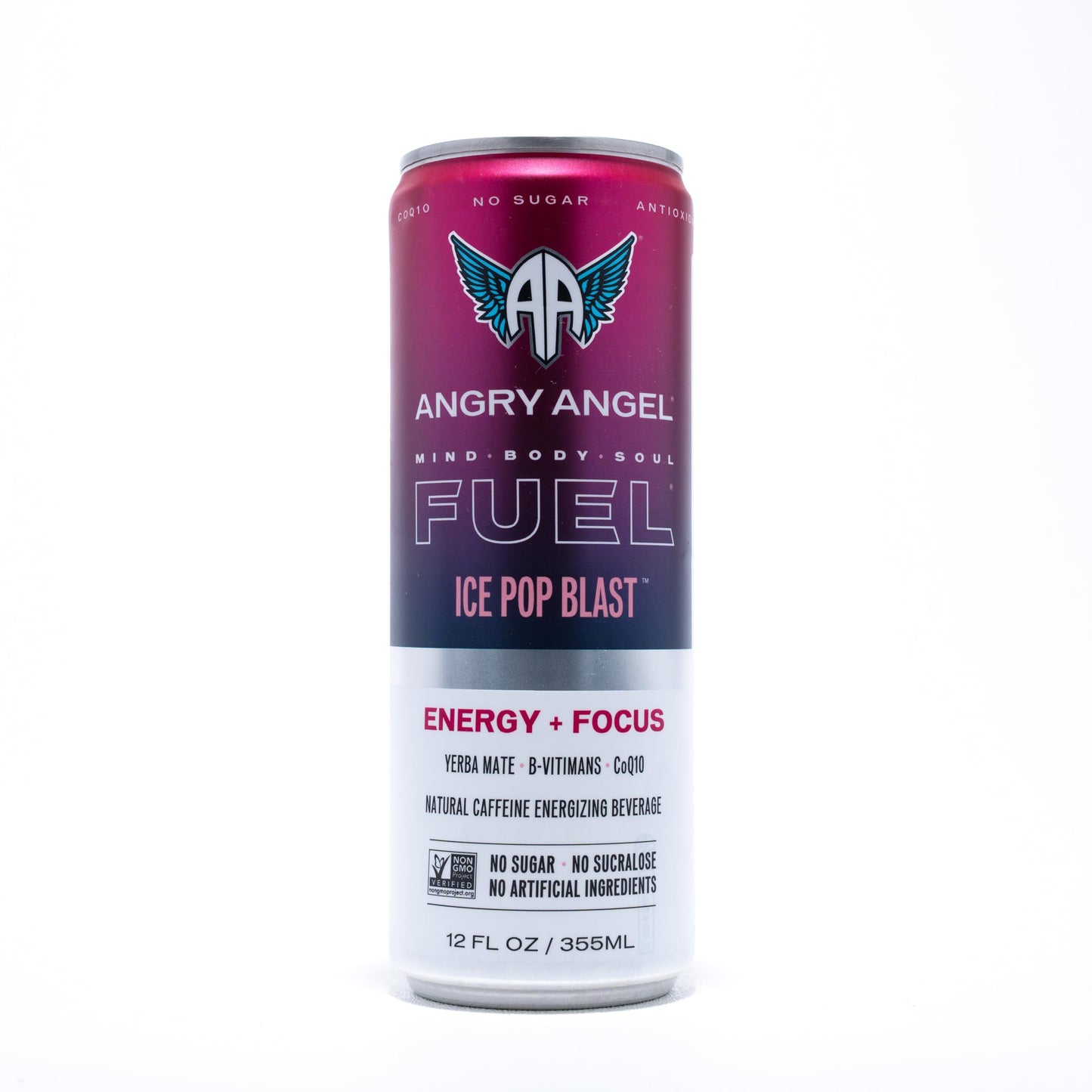 Angry Angel Ice Pop Blast Natural Energy + Focus Drink (12 count) - Zero Sugar - Natural Caffeine from Yerba Mate - CoQ10 - B Vitamins - 12 oz Cans