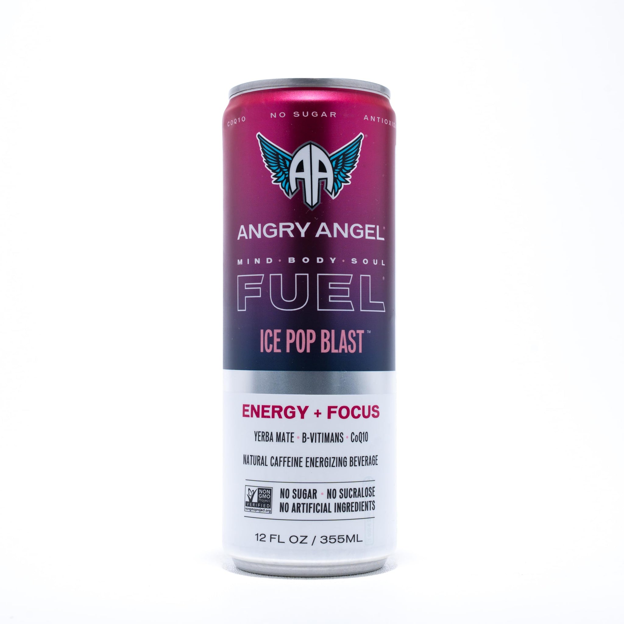 Angry Angel Ice Pop Blast Natural Energy + Focus Drink (12 count) - Zero Sugar - Natural Caffeine from Yerba Mate - CoQ10 - B Vitamins - 12 oz Cans