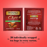 Twinings Decaffeinated Chai Tea, Black Tea Blend with Cinnamon, Ginger, Cardamon, 20 Count (Pack of 3)