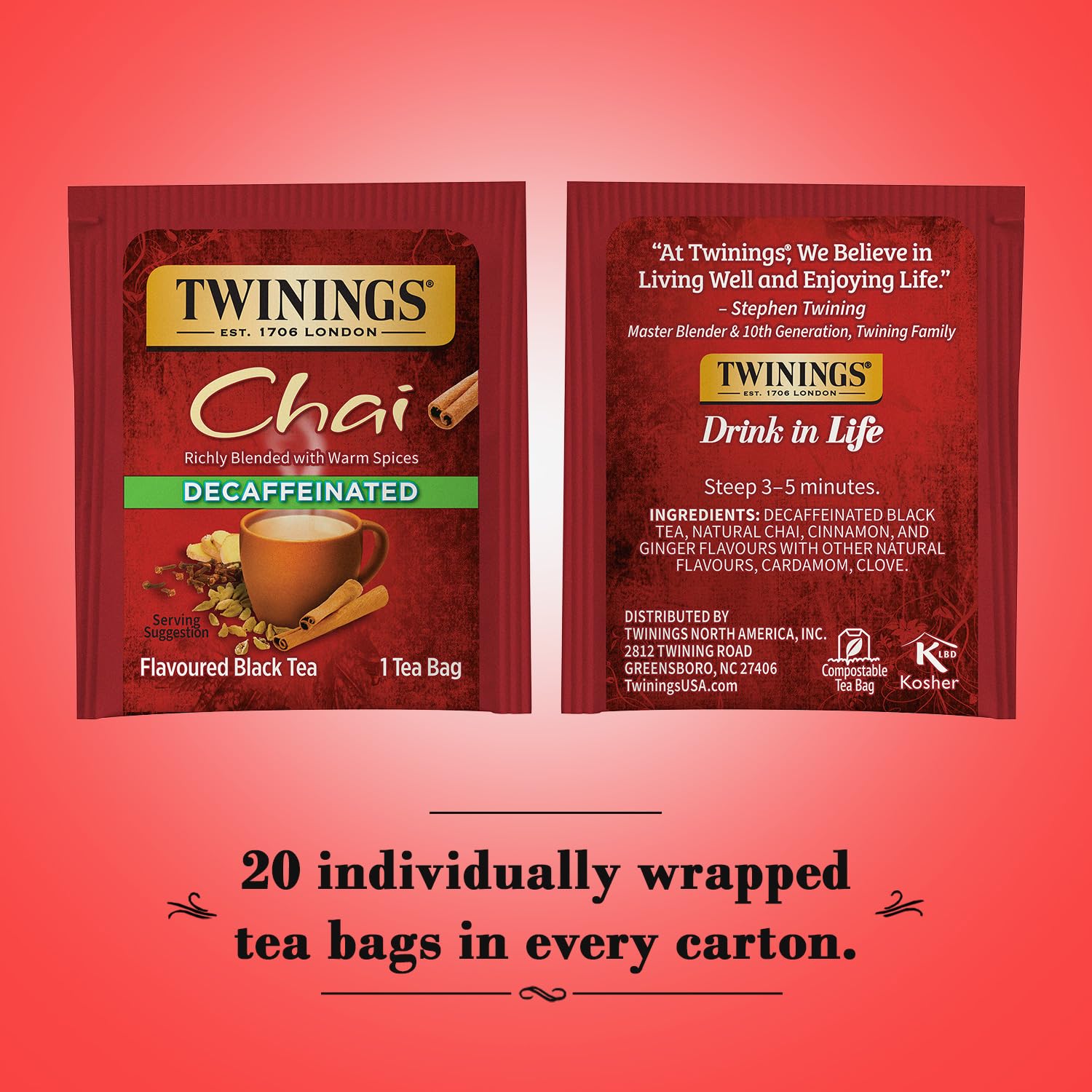 Twinings Decaffeinated Chai Tea, Black Tea Blend with Cinnamon, Ginger, Cardamon, 20 Count (Pack of 3)