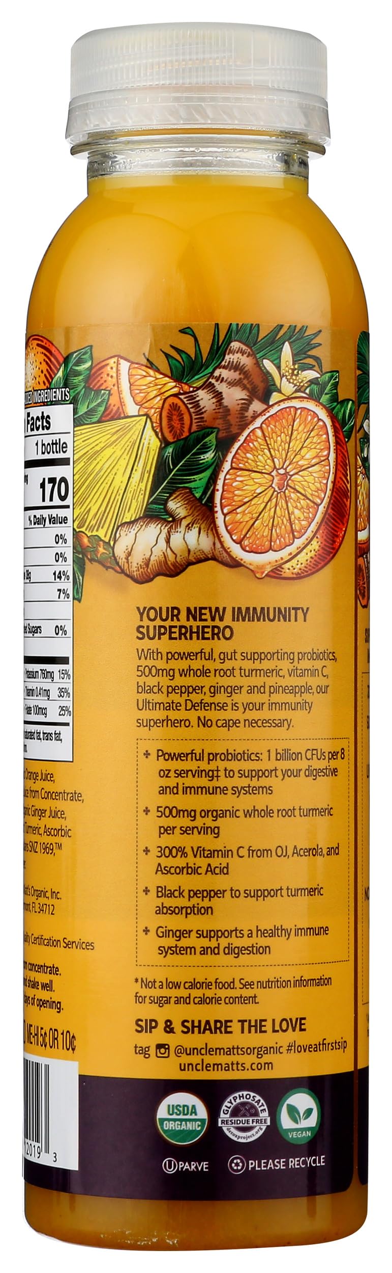 Uncle Matt's Organic Juice Juice Beverage Plastic Bottle, Orange Defense Tumeric & Probiotics, 12 Fl Oz