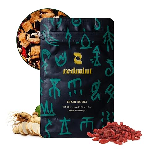Redmint Herbal Tea Mastery - Brain Boost, Five Treasures Tea for Focus and Energy, Natural Ginseng and Mulberry Chinese Herbal Tea with Goji Berry